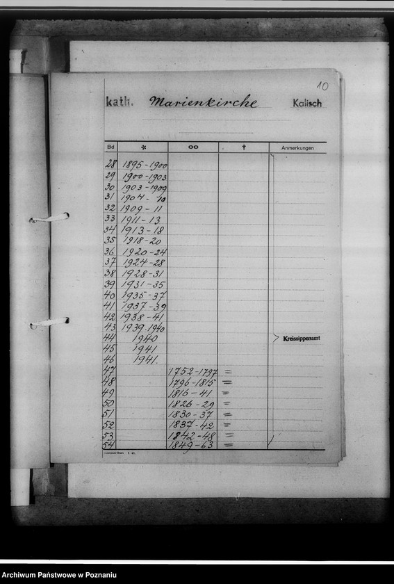 Obraz 14 z jednostki "I. Bücher evangelischer Gemeinden; II. Bücher katholischer Gemeinden: 1. Gotthard-Kirche, 2. Marienkirche, 3. Nikolauskirche; III. Bücher griechisch-orthodox. Gemeinden: 1. Peter-Paulus-Kirche, 2. Ukrainische Kirche; IV. Militärgemeinde; V. Griech.Orthodox. und Baptisten; VI. Griech.Orthodox. und Juden; VII. Adventisten; VIII. Baptisten; IX. Juden; X. Kathol.-protestantische Zivilstandsregister Kalisch-Stadt [z terenu miast Kalisza]. Mikr.074979. Brak datacji, podano daty skrajne zesp."