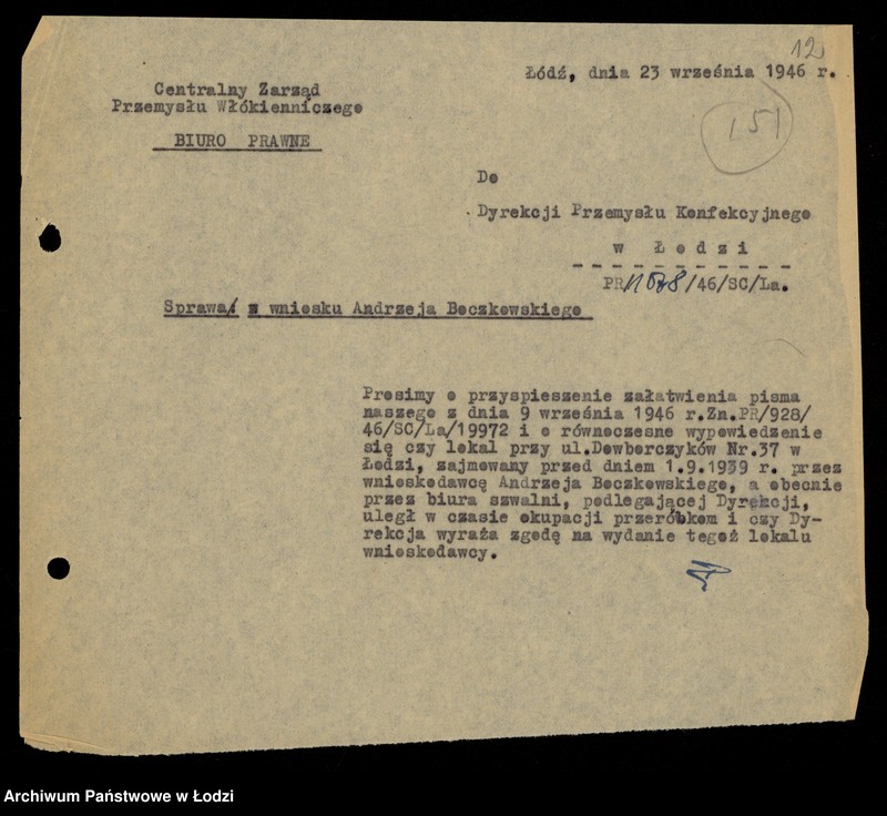 Obraz 14 z jednostki "[Korespondencja w sprawie reprywatyzacji urządzeń biurowych Fabryki Termometrów oraz lokalu fabrycznego w Łodzi ul. Dowborczyków 37]"