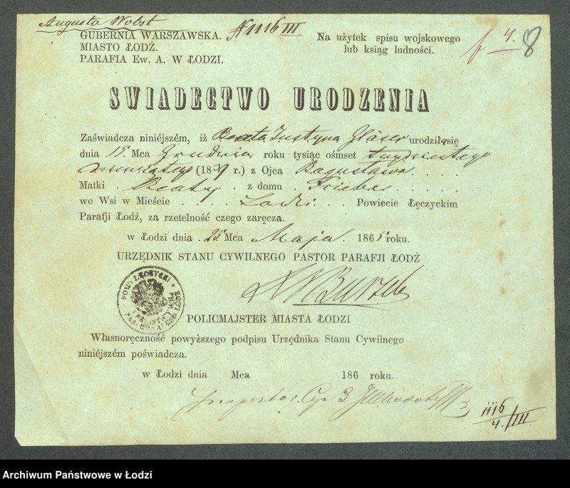 Obraz 10 z jednostki "Dowody metrykalne stałych mieszkańców m. Łodzi nr domu 1116-1122"