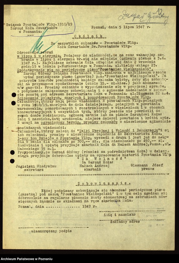 Obraz 15 z jednostki "Współdziałanie Zarządu Głównego Związku Powstańców Wielkopolskich z kołami na terenie miasta Poznania: 1. H.C.P. [1948-1949] 2. Czwartacy [1947-1949] 3. Dziesiątacy [1947-1949] 4. Główna [1946] 5. Górczyn [1946-1949] 6. Jeżyce [1946-1947] 7 Junikowo [1947-1949] 8. Krzyżowniki [1946-1949] 9. 4 Kompania Marynarzy [1948-1949] 10. Im. Fr. Ratajczaka [1947-1948] 11. Śródmieście [1946-1949] 12. Wilda [1947-1949] 13. Dzielnica III Zamek [1947-1949] 14. Żegrze [1947-1949]"