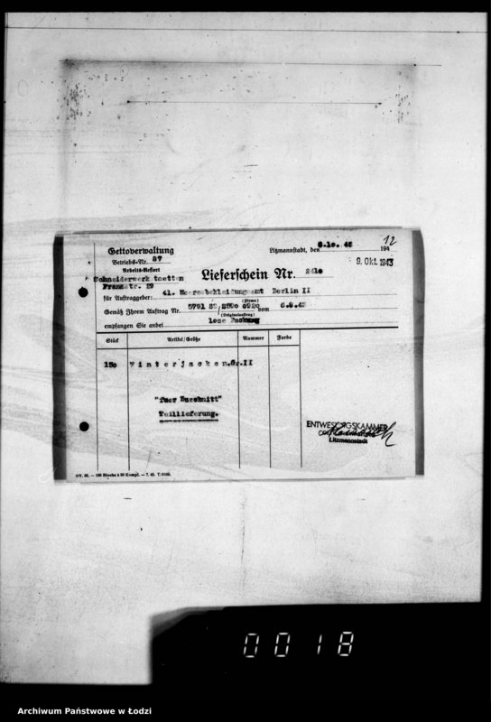 Obraz 16 z jednostki "[Dowody dostawy umundurowania dla] Heeresbekleidungsamt Berlin II"