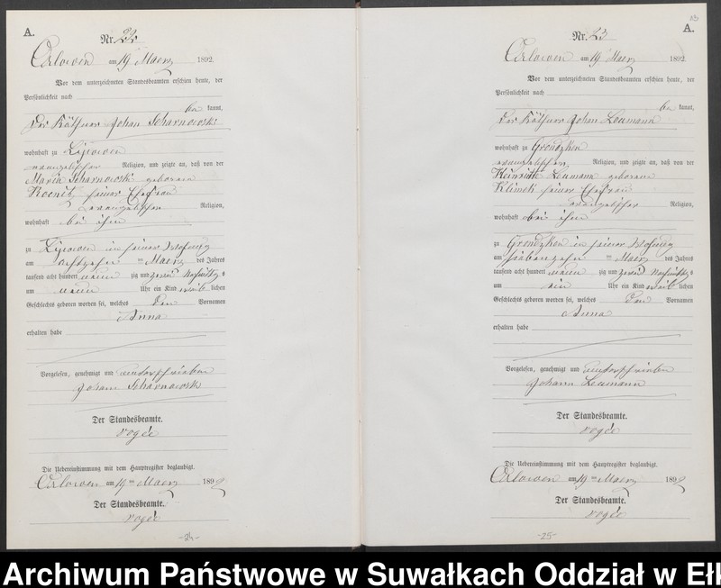 image.from.unit.number "Geburts-Neben-Register des Preussischen Standes-Amtes Orlowen Kreis Loetzen für das Jahr 1892"