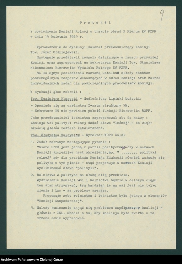 Obraz 11 z jednostki "Protokół z X plenarnego posiedzenia KW nt. Funkcjonowanie wojewódzkiej organizacji partyjnej w nowych warunkach politycznych. Załączniki. 14 kwietnia 1989"