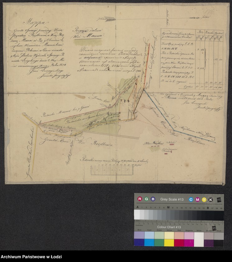 Obraz 1 z jednostki "Mappa gruntu spornego pomiędzy wsią prywatną Rzędkowem a wsią rządową Mazew ... w czasie zjazdu Sądu Pokoju Wydziału Spornego powiatu łęczyckiego ..."
