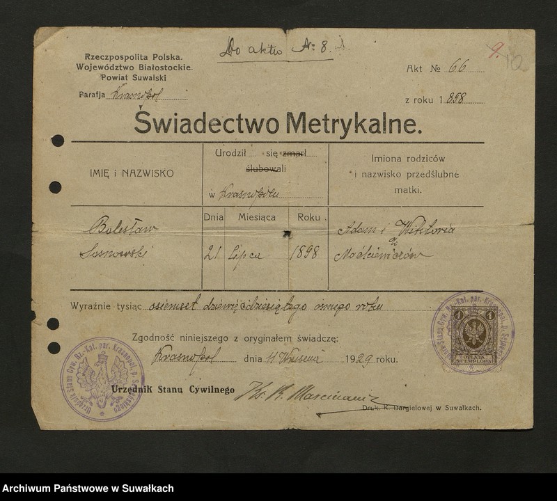 image.from.unit.number "Dokumenty do aktów zaślubionych Rzymsko Katolickiej parafji Smolanskiej za rok 1934"