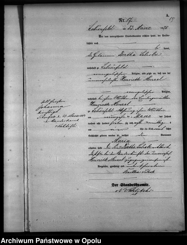 Obraz 20 z jednostki "Geburts-Haupt-Register Standesamts Schönfeld pro 1878"