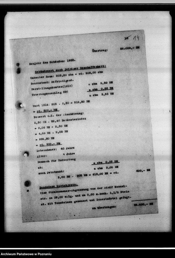 Obraz 19 z jednostki "Schätzungs-Gutachten betreffend das Grundstück in Posen, Adolf Memelstrasse 4."