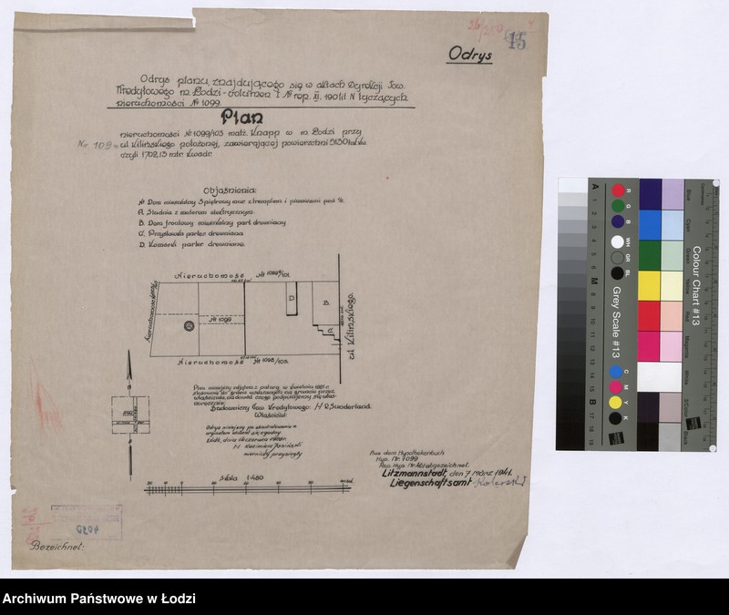 Obraz 1 z jednostki "Plan nieruchomości No 1099/103 małżonków Knapp w mieście Łodzi przy ulicy Kilińskiego położonej ..."