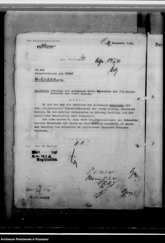 image.from.unit.number "Berufung des Assessors Schneider in Hohensalza - Inowrocław, zum 3. Beigeordneten- Stadtrechtsrat"