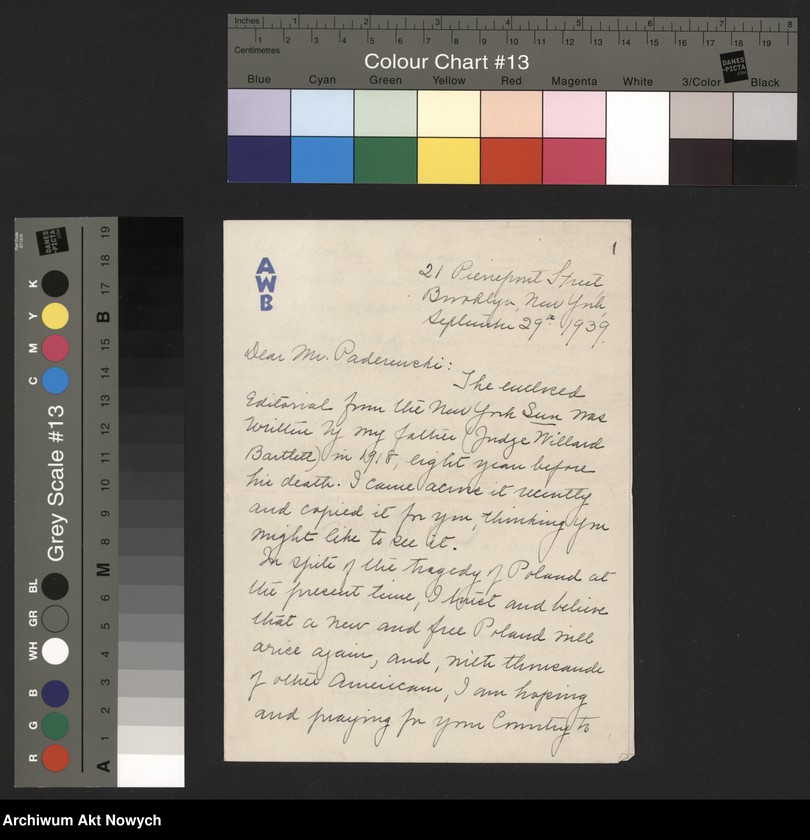 Obraz 3 z jednostki "Bartlett Agnes Willand; Załączniki: artykuł "A recognition of Poland" w: "The Sun" - N. York, 6 XI 1918 r.; L.1 (kopia - maszynopis)"