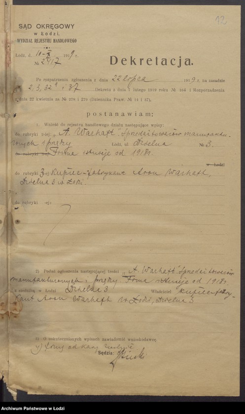 Obraz 14 z jednostki "Aron Warhaft - sprzedaż towarów manufakturowych i przędzy"