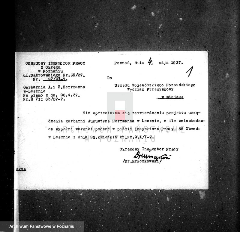 Obraz 4 z jednostki "Zatwierdzenie zakładu przemysłowego firmy Hermann August i Syn w Lesznie /Garbarnia skór/"