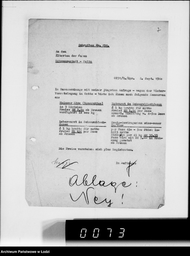 Obraz 11 z jednostki "Akten betr.Correspondenz mit dem Ältesten der Juden.Vom Schreiben Nr.1-1000"