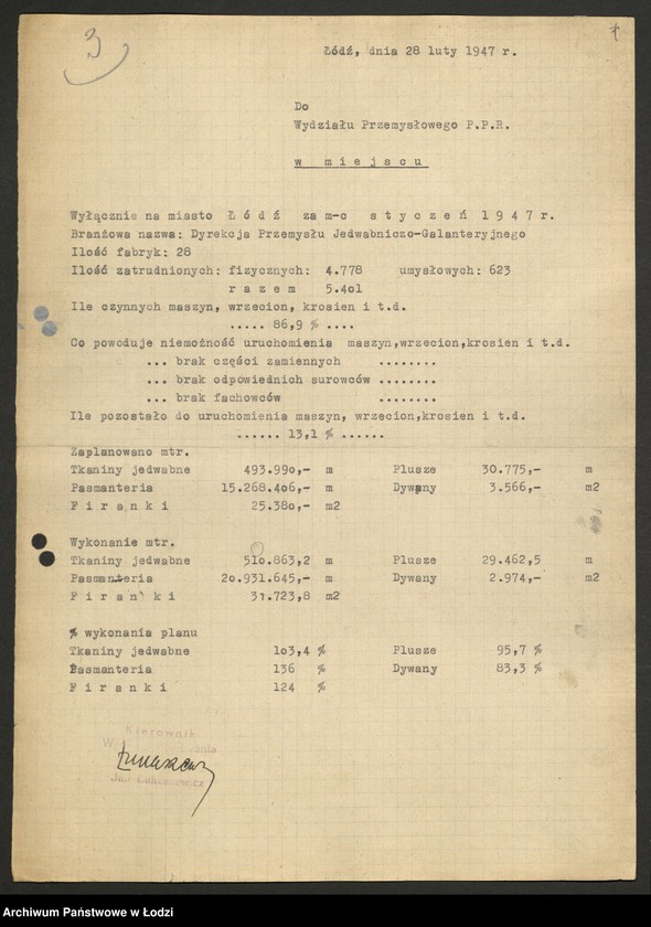 Obraz 8 z jednostki "Dyrekcja Przemysłu Jedwabniczo - Galanteryjnego; protokół z narady Dyrekcji, sprawozdania okresowe, raporty dzienne o wykonaniu planu produkcji"