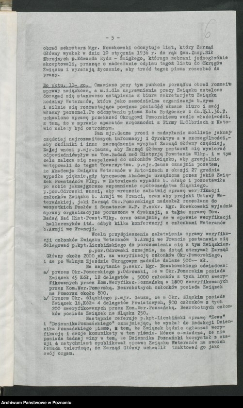 Obraz 10 z jednostki "Odpisy protokołów z posiedzeń Zarządu Głównego Związku Weteranów Powstań Narodowych i Związku Powstańców Wielkopolskich."