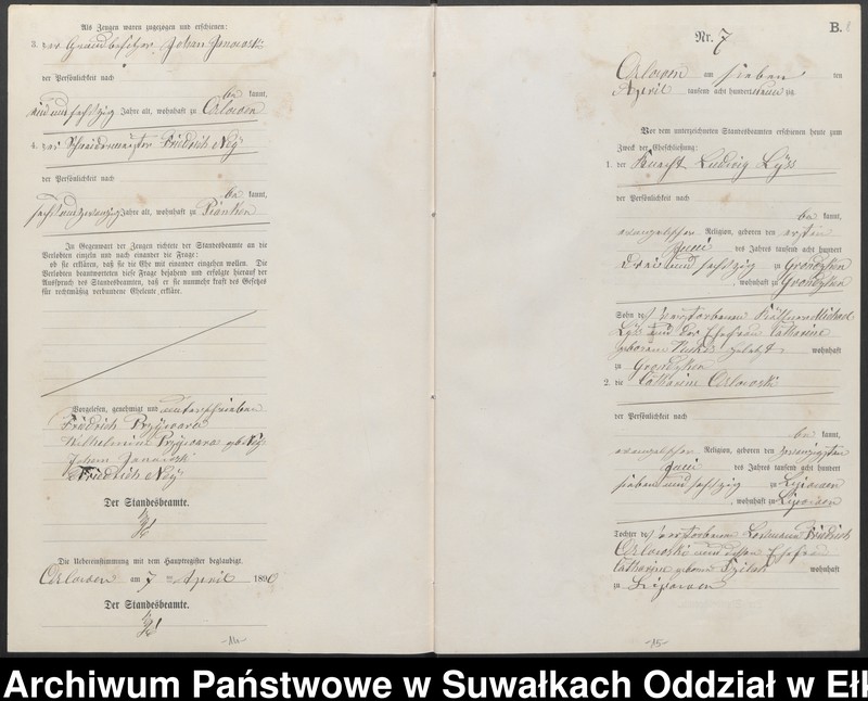 image.from.unit.number "Heiraths-Neben-Register des Preussischen Standes-Amtes Orlowen Kreis Loetzen für das Jahr 1890"
