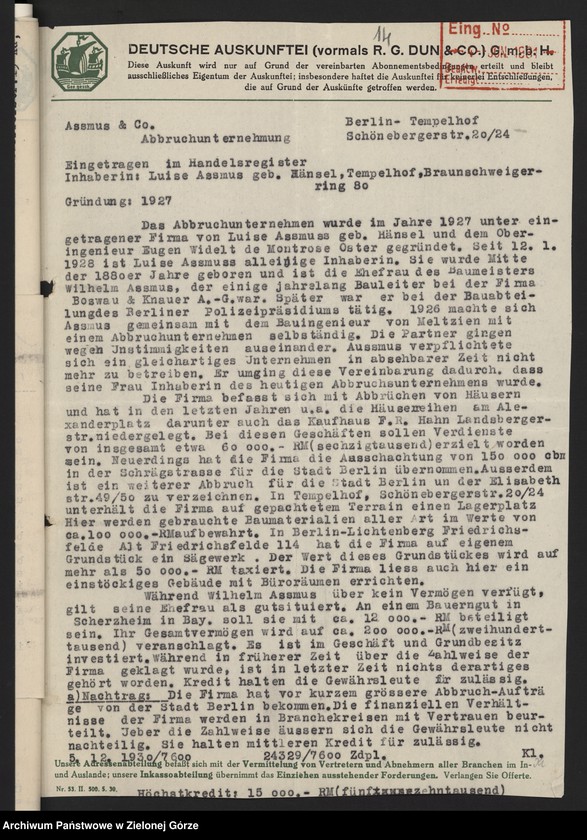 image.from.unit.number "[Informacja przemysłowo-handlowa agencji Deutsche Auskunftei z lat 1926-1932 dot. danych przedsiębiorstw korzystających z usług książęcego urzędu Budowlanego w Żaganiu]"