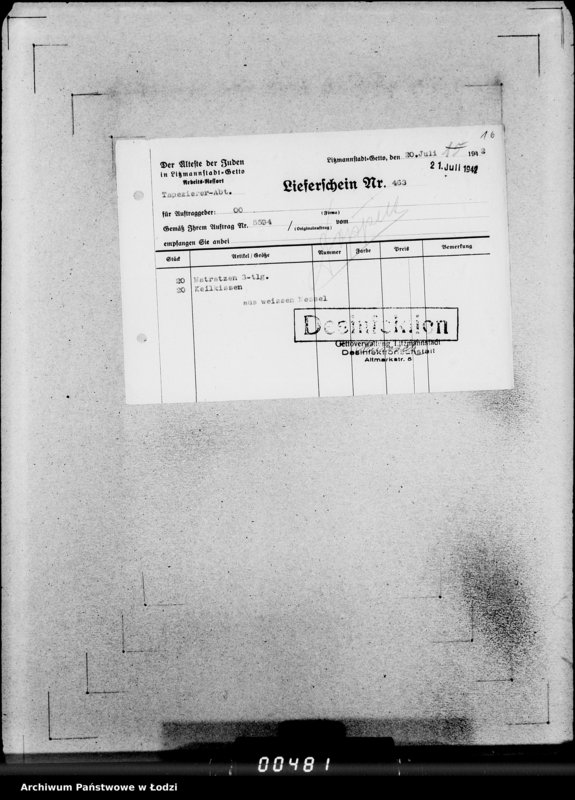 Obraz 20 z jednostki "[Listy przesyłkowe wyrobów dostarczonych z Getta]"