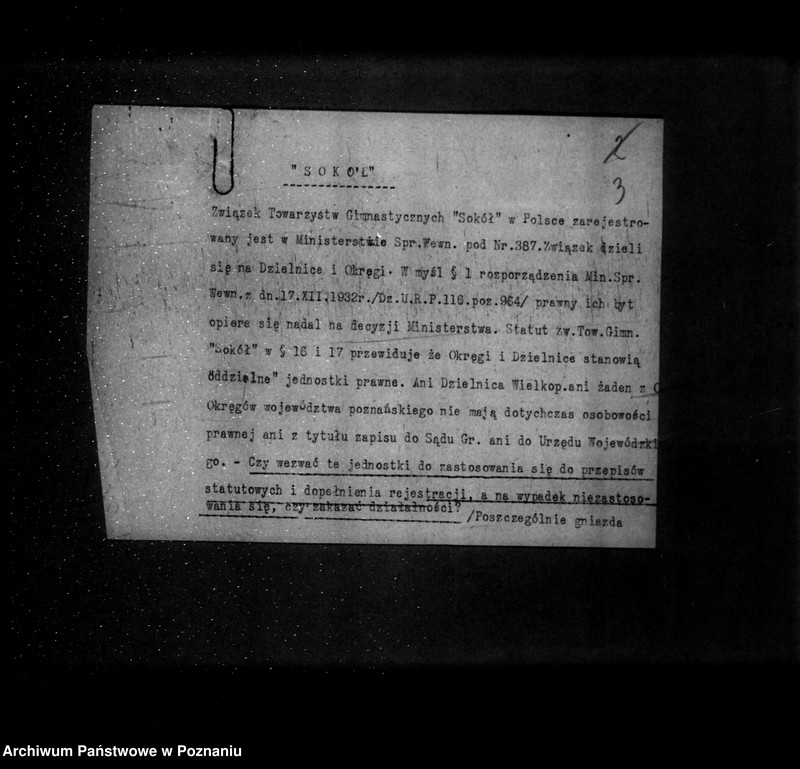 Obraz 7 z jednostki "/Związek Towarzystw Gimnastycznych Sokół w Polsce- sprawa rejestracji Dzielnicy w Poznaniu i zarządów okręgów/"