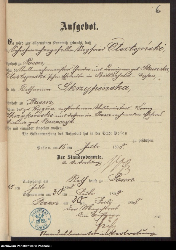 Obraz 8 z jednostki "Die von den Verlobten beigebrachten Urkunden zur Eheschliessung pro 1898"