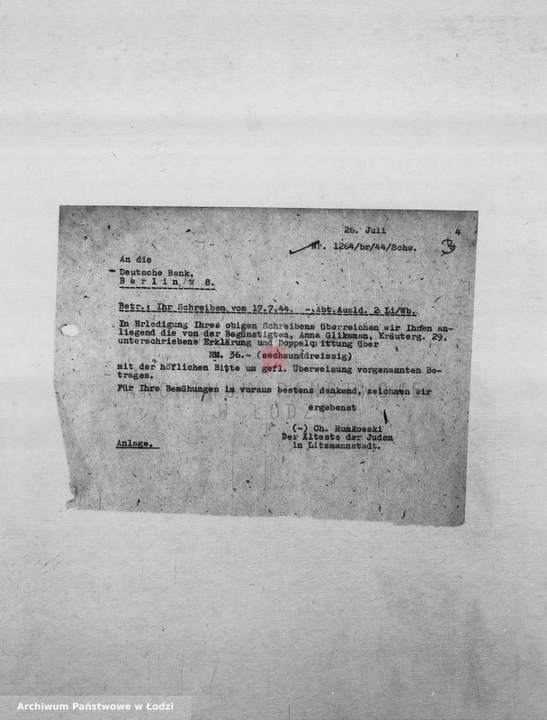 Obraz 6 z jednostki "Banken [Korespondencja PSŻ z GV i bankami niemieckimi w sprawie przekazów pieniężnych dla ludności getta]"