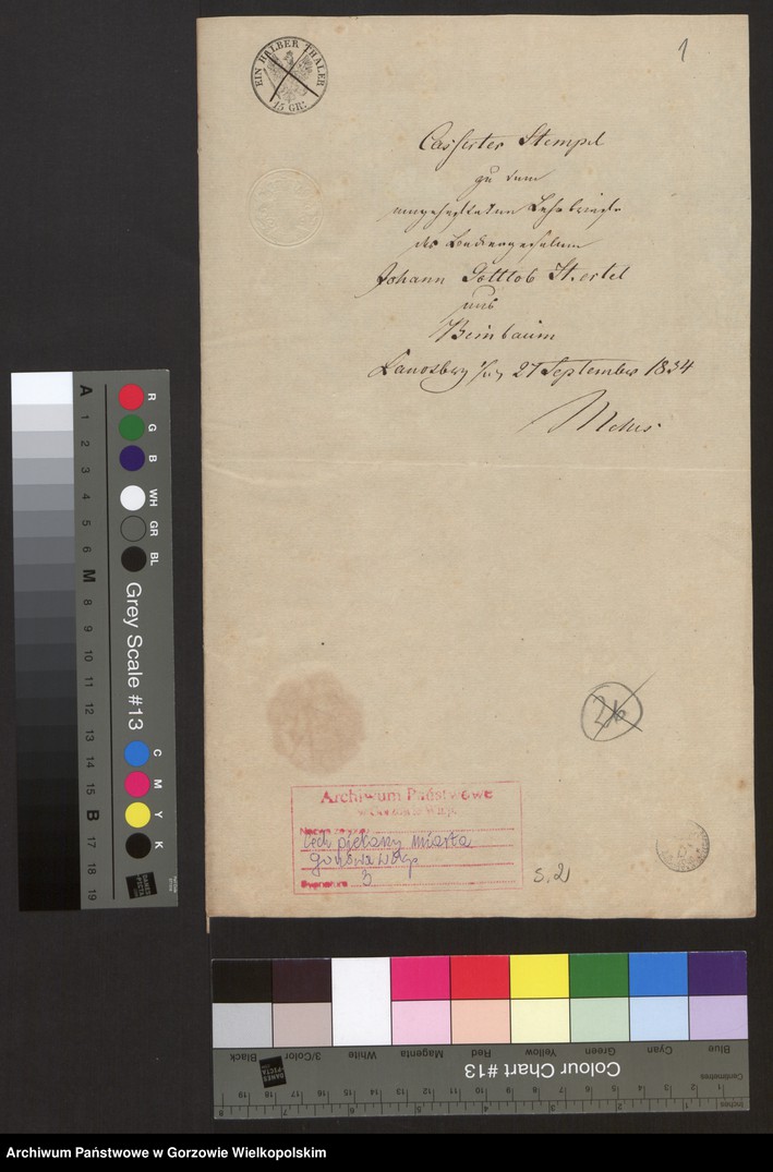 image.from.unit.number "[Lehrbrief für den Bäckergesellen Johann Gottlieb Hertel aus Birnbaum. Landsberg a/W den 27 September 1834]"