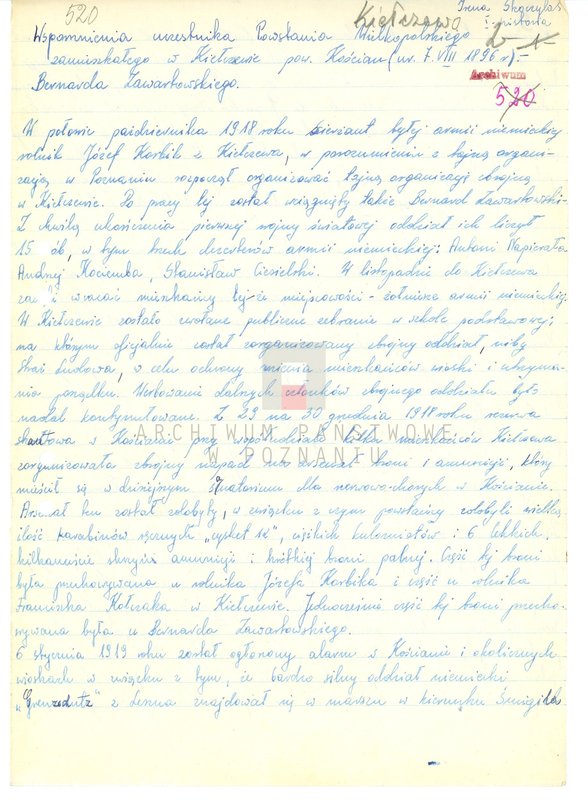 Obraz 8 z jednostki "Relacje i wspomnienia dotyczące powstania wielkopolskiego: 1. Kiełczewo, powiat Kościan, województwo poznańskie, 2. Kłecko, powiat Gniezno, województwo poznańskie, 3. Kościan, powiat Kościan, województwo poznańskie, 4. Kobylin, powiat Krotoszyn, województwo poznańskie, 5. Kowalewo, powiat Pleszew, województwo poznańskie, 6. Koźmin, powiat Turek, województwo poznańskie. Zdjęcia: s.64 - fotografia autora relacji."