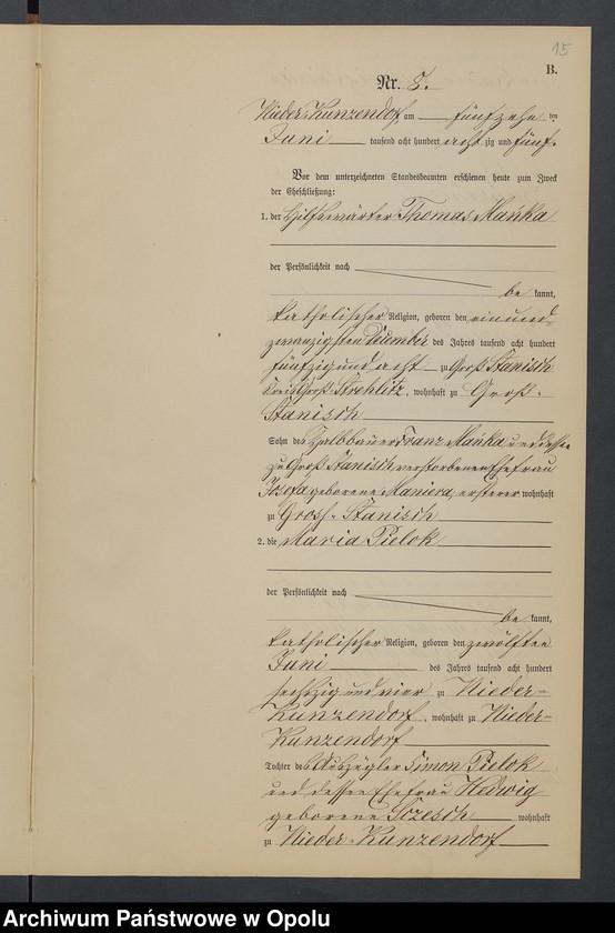 Obraz 19 z jednostki "Heiraths-Neben-Register Standesamts Kunzendorf pro 1885"