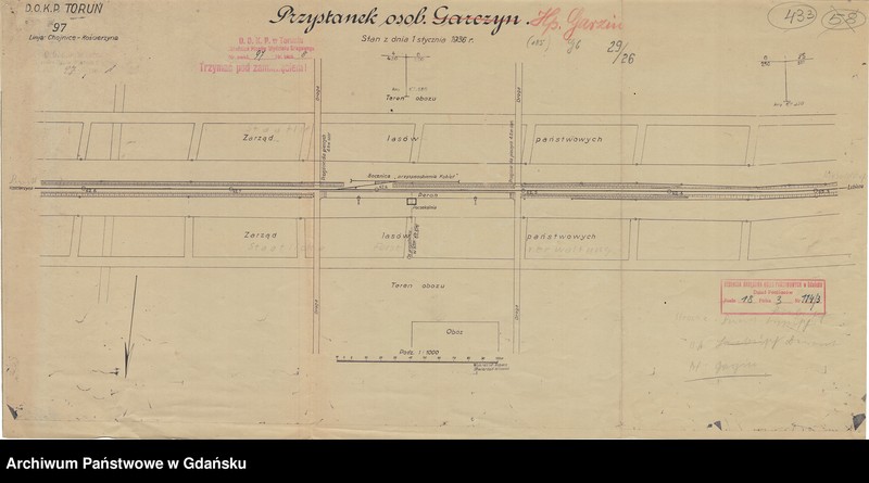 image.from.unit.number "D.O.K.P. Toruń. 97. Linia: Chojnice - Kościerzyna. Przystanek osobowy Garczyn. Stan z dnia 1 stycznia 1936"