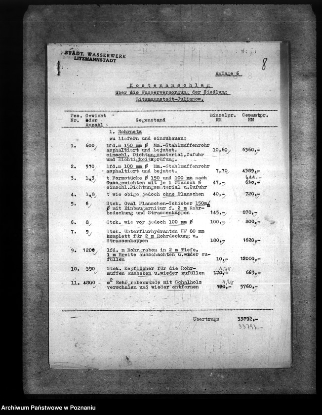 Obraz 14 z jednostki "Der Oberbürgermeister von Litzmannstadt. Finanzierungsbeihilfe "Am Wiesenhang". Wasserversorgung"