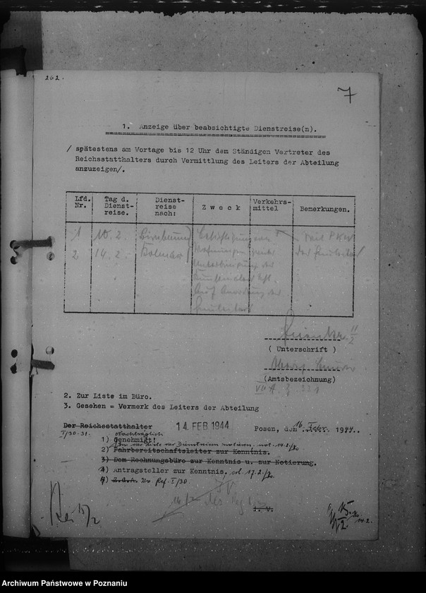 Obraz 11 z jednostki "Genehmigungen der Dienstreisen / Archivgut - Bytyn, Ceradz, Tarnowo, Starpel / i inne wyjazdy służbowe"