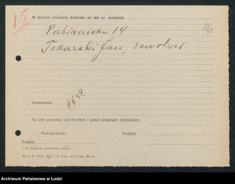 Obraz 18 z jednostki "[Akta XIII Komisariatu Milicji Obywatelskiej - protokoły i meldunki z zajść ulicznych, kradzieży, poszukiwań zaginionych]"