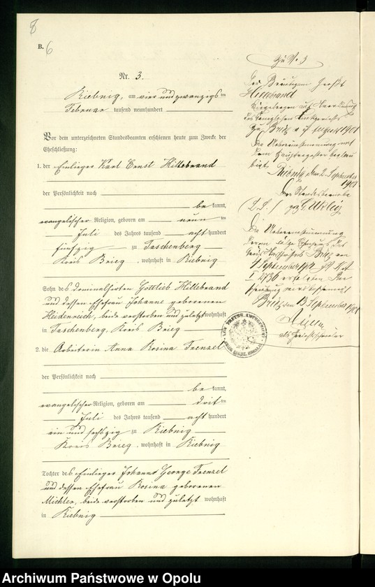 Obraz 9 z jednostki "Heiraths-Neben-Register Standes-Amt Riebnig 1900"