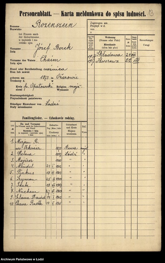 Obraz 15 z jednostki "[Spis ludności Łodzi] Rozenperl-Rozentan"