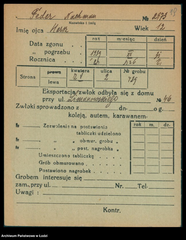 Obraz 20 z jednostki "Kartoteka osób pochowanych na cmentarzu żydowskim przy ulicy Brackiej w latach 1892-1961. Nazwiska na litery: Fe-Fisch"
