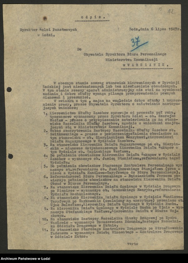 Obraz 13 z jednostki "Korespondencja [z Wydziałem Kolejowym KC]"