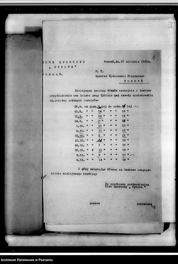 Obraz 4 z jednostki "Korespondencja dotycząca działalności sportowej: adresy towarzystw zrzeszonych w Polskim Okręgowym Związku Piłki Nożnej. Tabela rozgrywek"