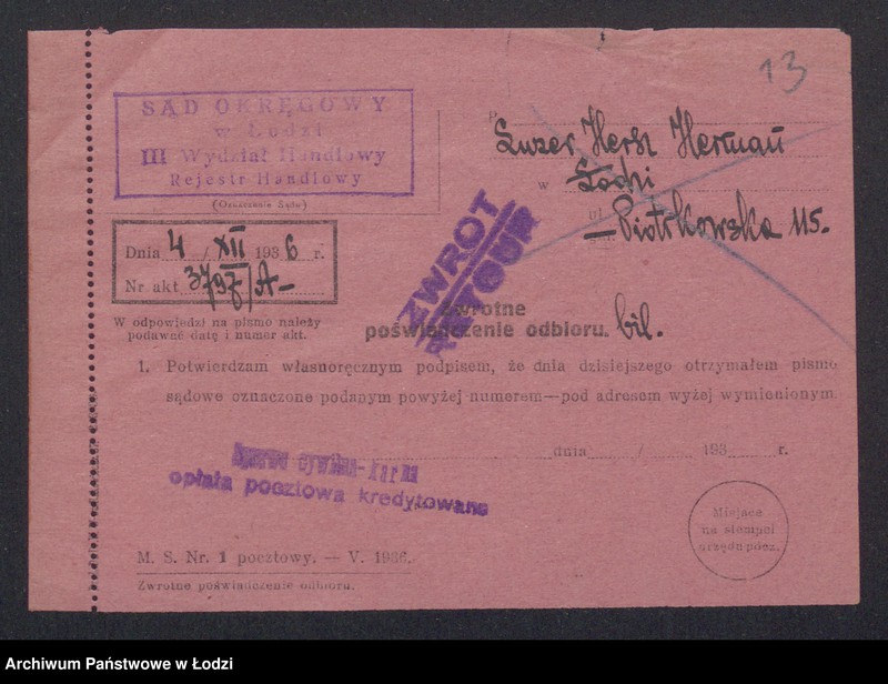 Obraz 15 z jednostki "Lauzer Hersz Herman- sprzedaż przędzy"