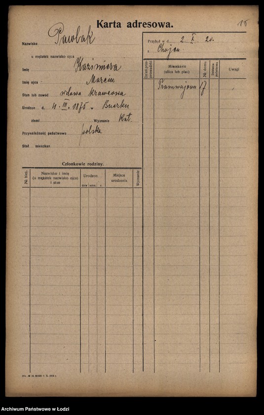 Obraz 17 z jednostki "[Spis ludności Łodzi] Pawlak"