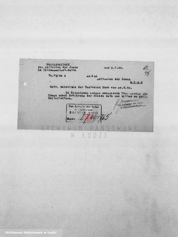 Obraz 18 z jednostki "Banken [Korespondencja PSŻ z GV i bankami niemieckimi w sprawie przekazów pieniężnych dla ludności getta]"