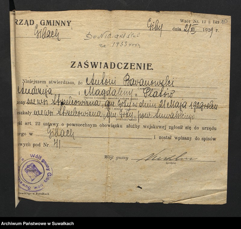 Obraz 12 z jednostki "Aneksa Aktów Ślubnych w Rz-Katolickiej Parafji Wigierskiej za 1933 rok"