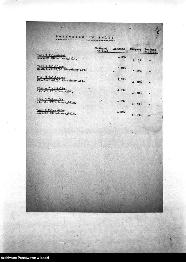 Obraz 8 z jednostki "[Specyfikacje materiałów technicznych, skórzanych, chemicznych, farbiarskich; artykułów biurowych, narzędzi, maszyn, tkanin, żywności i innych posiadanych na składzie Wydziału Specjalnego]"