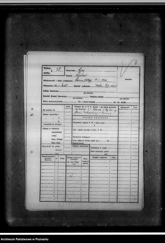 Obraz 12 z jednostki "Karty ewidencyjne harcerzy 5- tej Drużyny Harcerskiej im. Stasia Tarkowskiego"