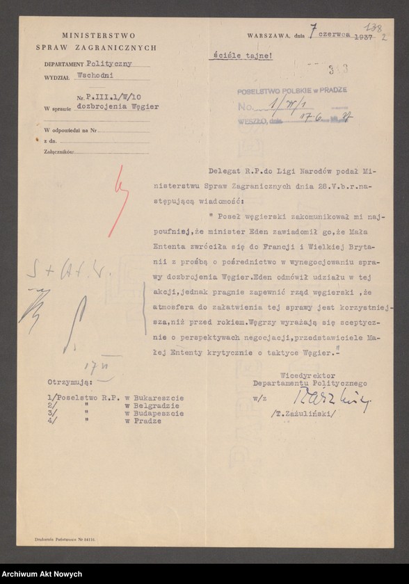image.from.unit "Węgry: Stosunki polityczne z zagranicą . Negocjacje z państwami Małej Ententy w sprawie uznania równouprawnienia Węgier w dziedzinie zbrojeń (raporty placówek polskich, korespondencja)"