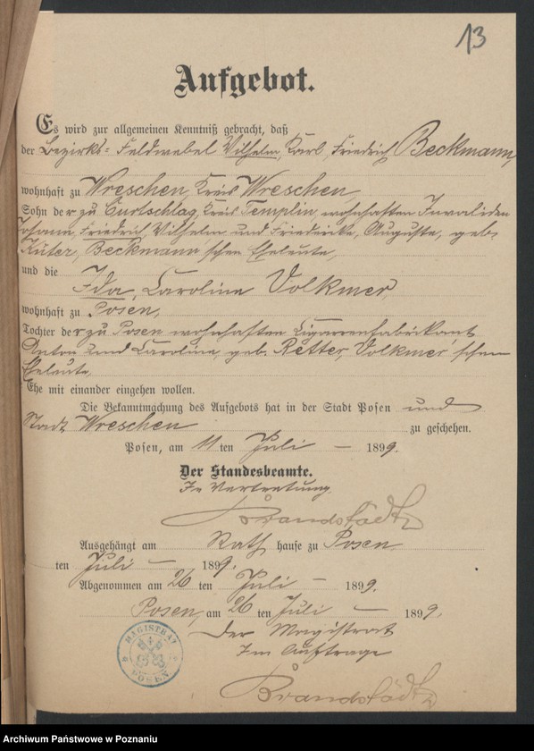 Obraz 15 z jednostki "Die von den Verlobten beigebrachten Urkunden zur Eheschliessung pro 1899"