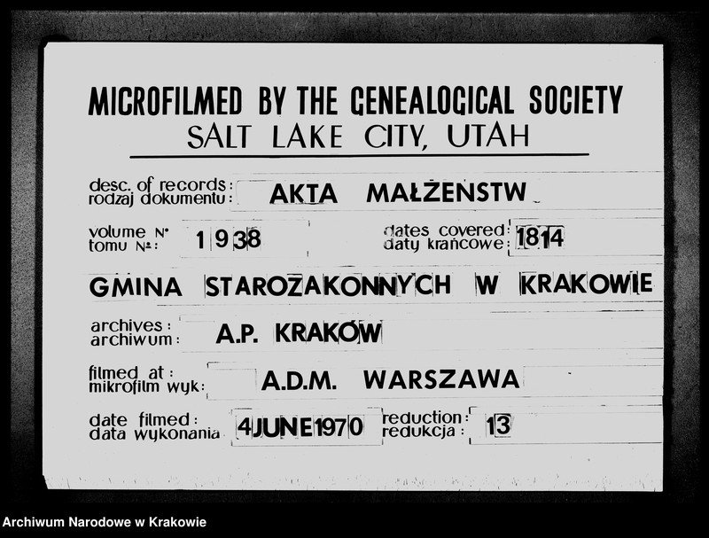 image.from.unit.number "Księga Aktow Zapowiedzi Małzenstw i Rozwodow. Gminy Wyznania Moyzeszowego. Synagogi Kazimierskiey przy Krakowie na Rok 1814"