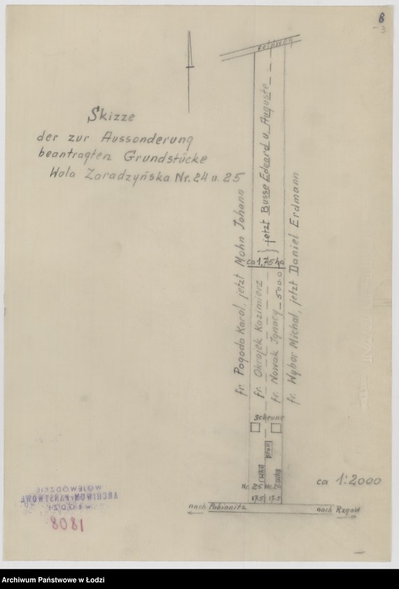 Obraz 1 z jednostki "Skizze der zur Aussonderung beantragten Grundstücke Wola Zaradzyńska Nummer 24 und 25"