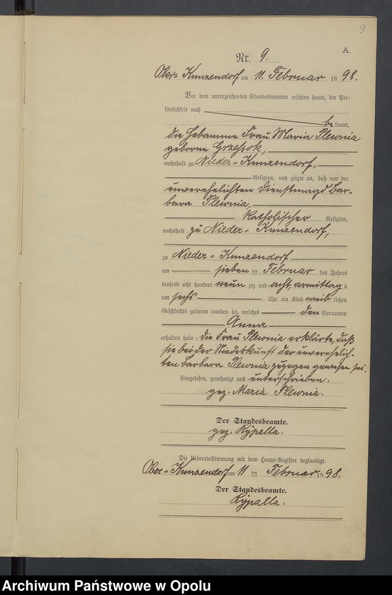 Obraz 13 z jednostki "Geburts-Neben-Register Standesamts Kunzendorf pro 1898"
