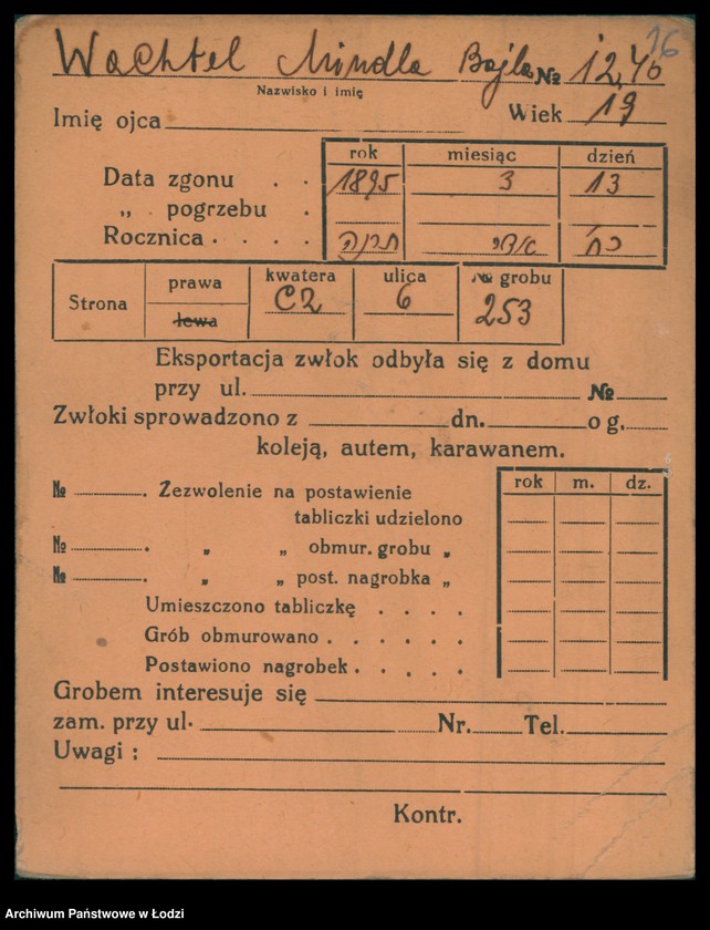 Obraz 17 z jednostki "Kartoteka osób pochowanych na cmentarzu żydowskim przy ulicy Brackiej w latach 1892-1953. Nazwiska na litery: Wac-Wajng"
