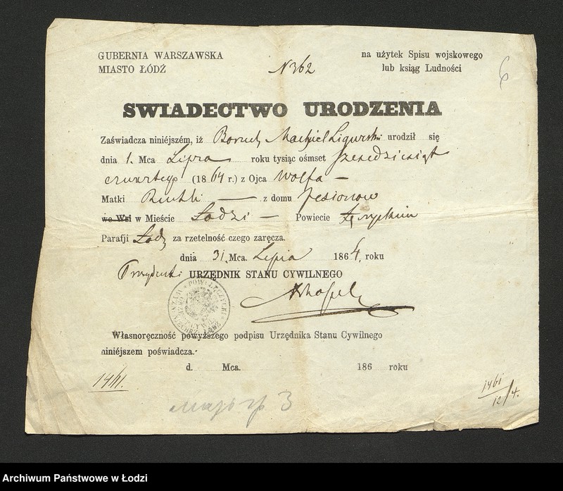 Obraz 8 z jednostki "Dowody metrykalne stałych mieszkańców m. Łodzi nr domu 1461"